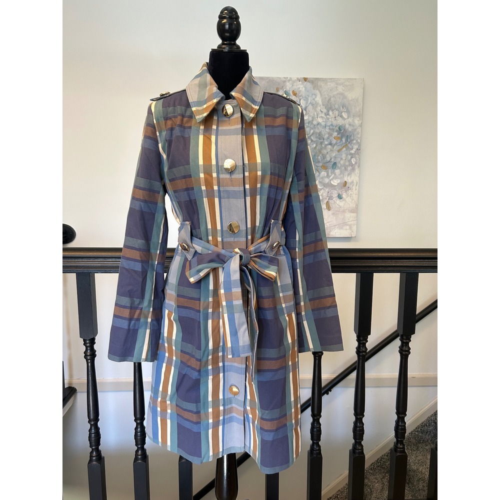 Cabi Highclere Trench Coat 6248 Modern Plaid Blue Brown Cotton NWT Size M